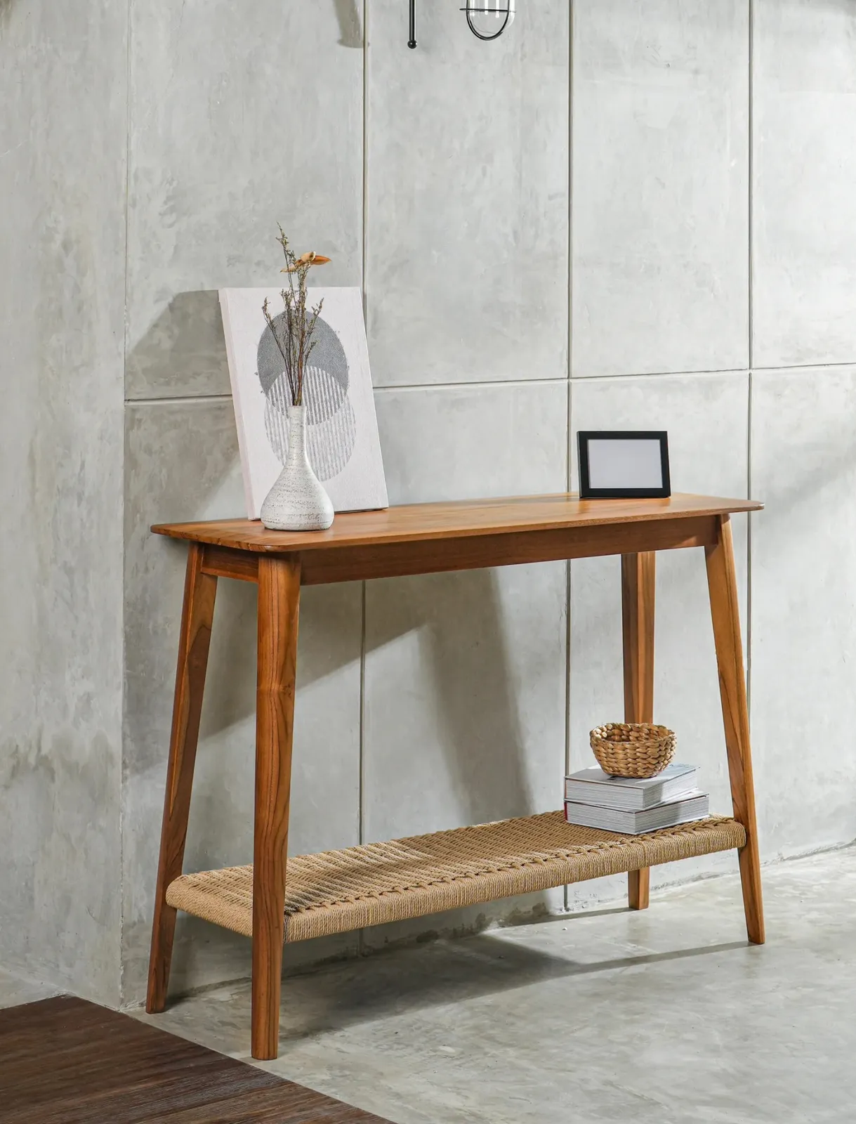 Console Table with Handwoven Loom Shelf